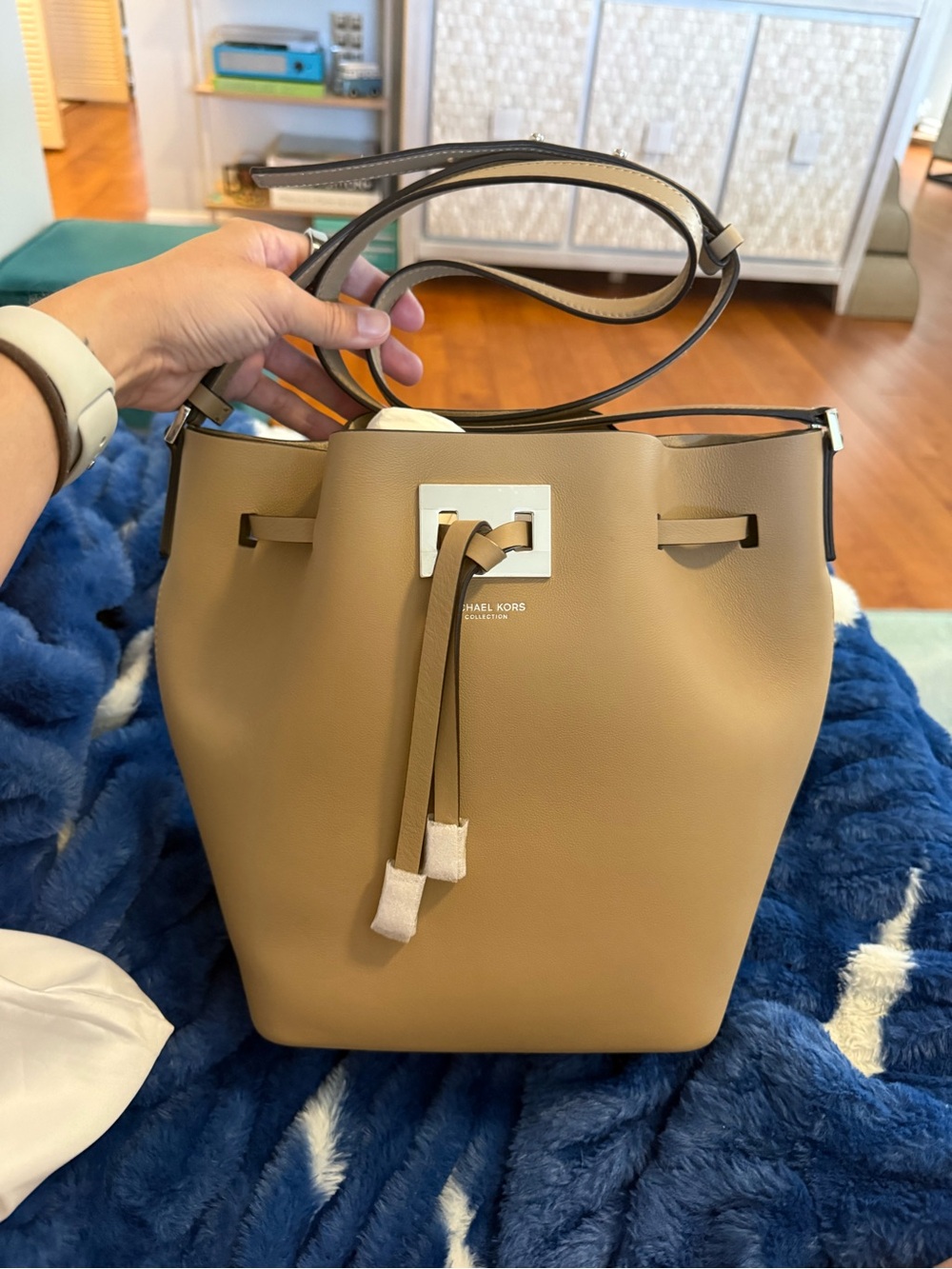 MICHAEL KORS Collection Tan Leather Drawstring Bucket Bag